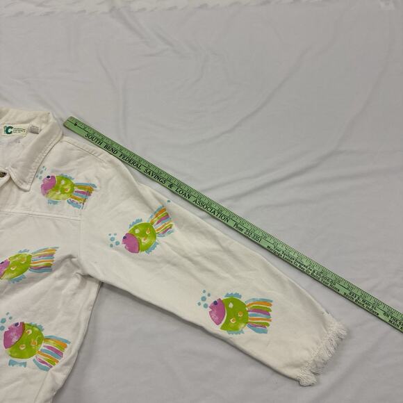 Vtg Fish Tropical Print Denim Jacket Handpainted Camper's Size L Kidcore Whimsy - Picture 7 of 9